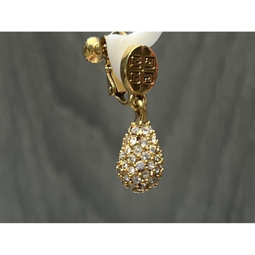 Givenchy Gold Tone 4G Logo Clip-On Earrings Pave Clear Rhinestone Teardrop - Picture 3 of 10